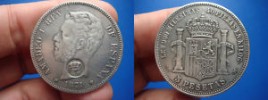 MONEDA PLATA  5 PTS AMADEO I 1871 *18-75,  RESELLO 