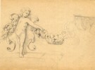 Dibujo antiguo a lápiz. Putti, con una guirnalda 
