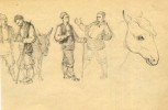 Dibujo antiguo a lápiz. Título: Aragoneses en la feria 
