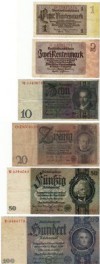 Lot / Set GERMAN WWII THIRD REICH BILLS, WITH 1 BIG BLUE SWASTIKA BILL 