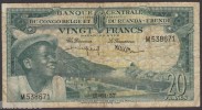 BELGIAN CONGO (P31) 20 Francs 1957 VG SCARCE! 