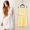 Women Yellow Chiffon Lace crochet Sleeveless Button Down Shirt Short dress XS